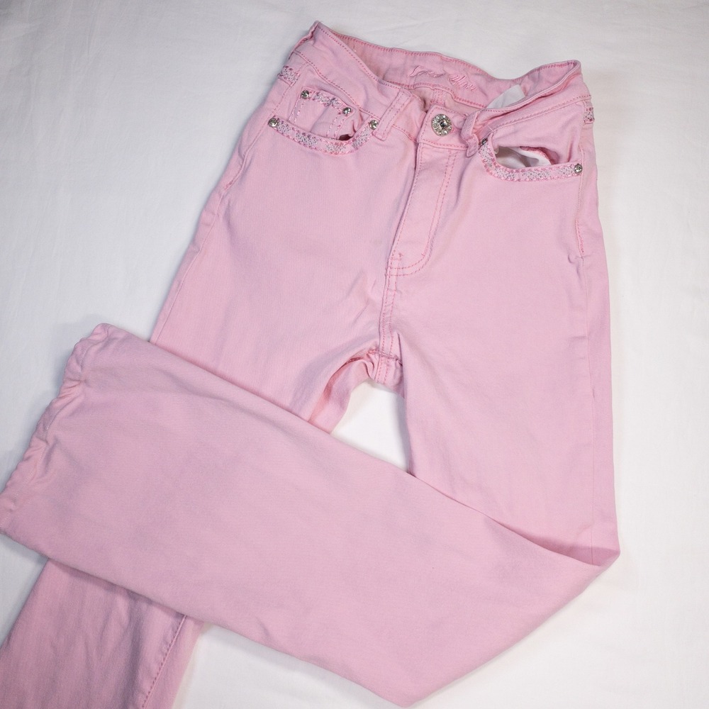 Love You Pink Y2K Wing Cross Sequin Rhinestone Flare Jeans Size 1/2 VVA08
